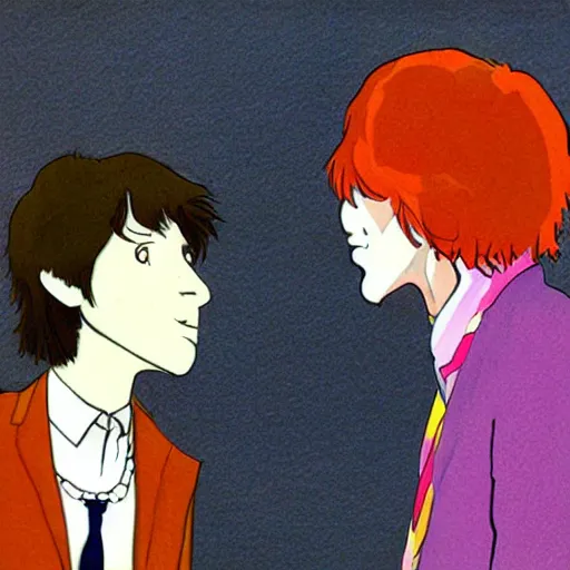 Prompt: ray davies and david bowie, illustration by studio ghibli