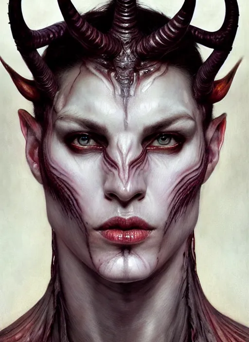 Image similar to half demon half human intricate skin pattern texture, elegant, peaceful, full body, white horns, hyper realistic, extremely detailed, dnd character art portrait, fantasy art, intricate fantasy painting, dramatic lighting, vivid colors, deviant art, artstation, by edgar maxence and caravaggio and michael whelan and delacroix.