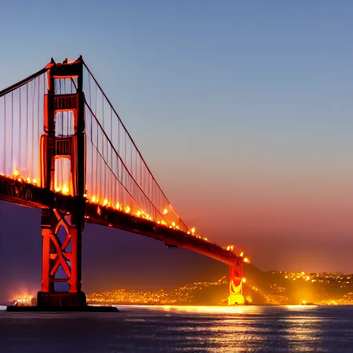 Image similar to a photo of golden gate bridge with a plane flying underneath at dusk