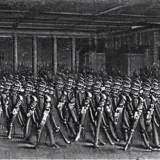 Image similar to grainy 1800s photo of a cybernetic army that is invading a city