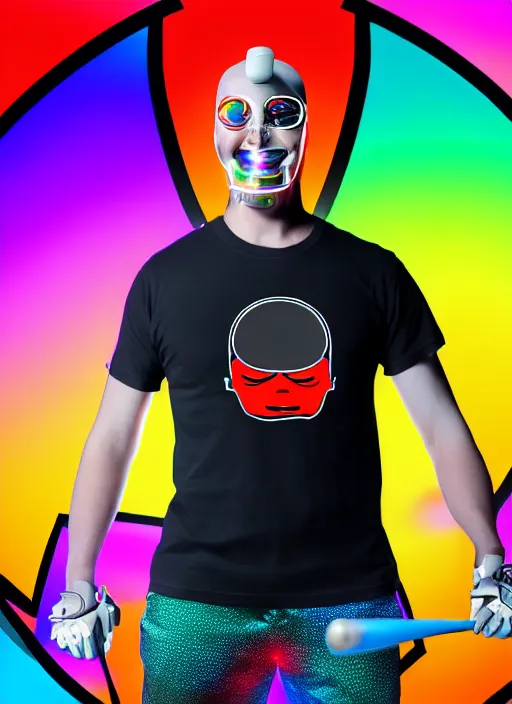 Image similar to guy with a baseball bat over the shoulder, bionic augments, evil smile, dressed in a t-shirt with an atomic explosion logo, colorful pants, sport shoes with led lightning,