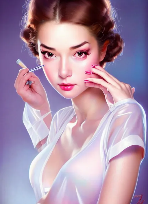 Prompt: glamorous and sexy nurse opening her transparent blouse, beautiful, pearlescent skin, natural beauty, seductive eyes and face, elegant girl, natural beauty, very detailed face, seductive lady, full body portrait, natural lights, photorealism, summer vibrancy, cinematic, a portrait by artgerm, rossdraws, Norman Rockwell, magali villeneuve, Gil Elvgren, Alberto Vargas, Earl Moran, Enoch Bolles