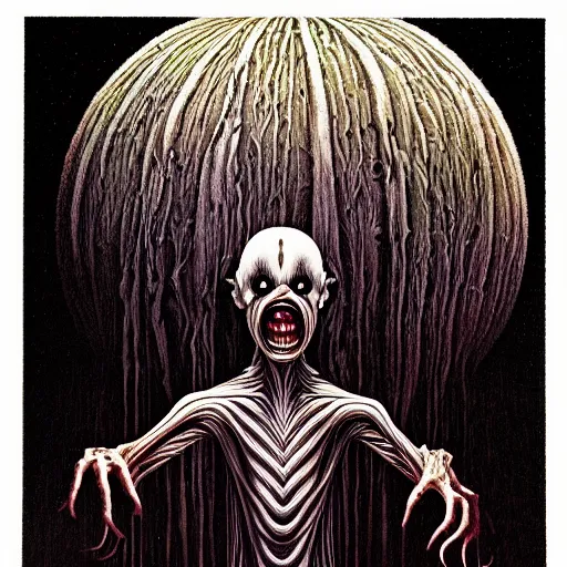 Prompt: a horror portrait by junji ito, michael whelan, roger dean, bob eggleton, lisa frank, vladimir kush, kubrick, james gurney, giger