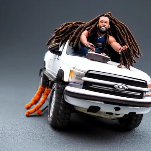 Image similar to black man action figure with dreads standing on top of a black rc pickup truck, close up photograph, white background
