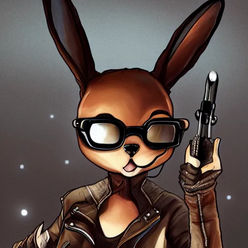 Image similar to A bunny with a small head wearing a leather jacket and leather jeans and leather gloves, trending on FurAffinity, energetic, dynamic, digital art, highly detailed, FurAffinity, high quality, digital fantasy art, FurAffinity, favorite, character art