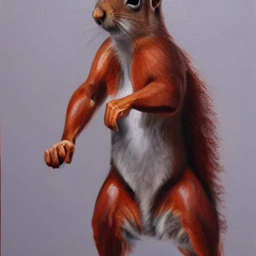 Prompt: oil painting of a muscular!!!! squirrel with bulging!! human!! biceps!!!!, 8 k, high quality