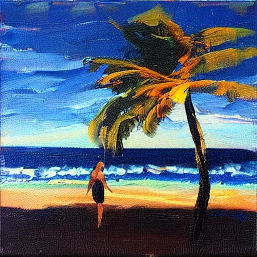 Prompt: a very very small island! beautiful woman!! palm trees, dark very late evening cloudy sunset, dramatic and dynamic lighting, thick brush strokes oil impasto painting