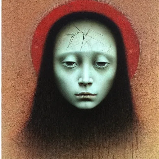 Prompt: young teen female with crow head , painting by Beksinski