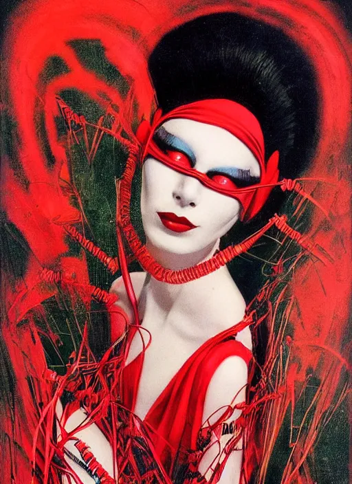 Image similar to an 8 0 s portrait of a woman with dark eye - shadow and red lips with dark slicked back hair, a mask made of wire and beads, dreaming acid - fueled hallucinations by serge lutens, rolf armstrong, delphin enjolras, peter elson, red cloth background