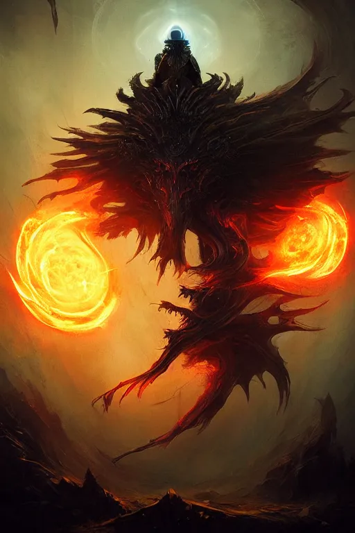 Image similar to Black Orb of Fire, digital art, fantasy, magic, trending on artstation, illustration by Seb McKinnon and Peter Mohrbacher, ultra detailed, atmospheric, powerful presence, bossfight