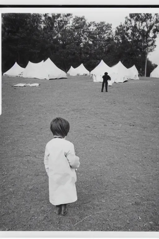 Image similar to photo polaroid of a sad and lonely child in a white coat and barefoot stands in the middle many big tents of field hospitals, pandemic, covid, loneliness, black and white ,photorealistic, 35mm film,