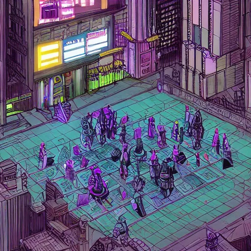 Prompt: high detailed people playing chess in a cyberpunk rainy city at night by josan gonzalez, hand drawn, illustration, purple and blue neons, unreal engine, high quality, 4 k, uhd, trending on artstation, wires, blade runner vibes, ghost in the shell, akira, dorohedoro