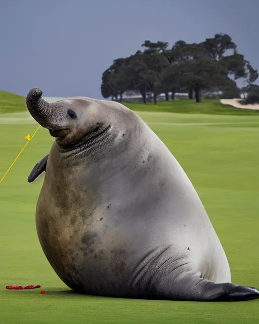 Prompt: A large adult male Elephant seal rearing up, blocking a golfer from the hole on a golf course green, photographed in the style of National Geographic photographer Paul Nicklen, Hyperreal