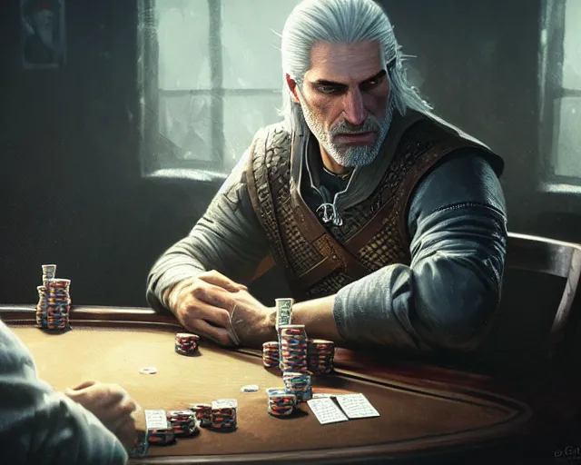 Prompt: 5 5 mm portrait photo of geralt playing poker. magical atmosphere. art by greg rutkowski. highly detailed 8 k. intricate. lifelike. soft light. nikon d 8 5 0.