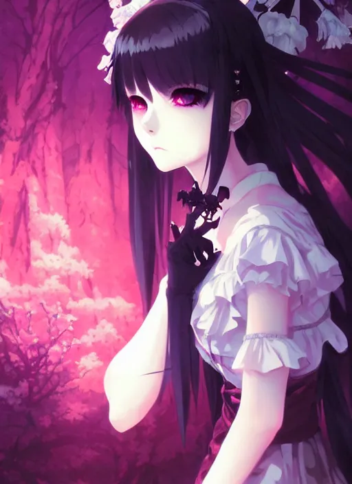 Image similar to portrait of beautiful gothic anime girl, cute face, anime, intricate, highly detailed, digital painting, official media, anime key visual, concept art, rich vivid colors, ambient lighting, sharp focus, illustration, art by wlop and ilya kuvshinov and makoto shinkai and range murata