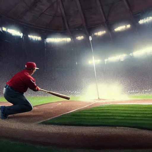 Image similar to baseball player hitting the ball with the baseball bat in the middle of the game and in front of everyone in the stadium, james gurney painting style, greg rutkowski, artstation, octane render, unreal engine 5