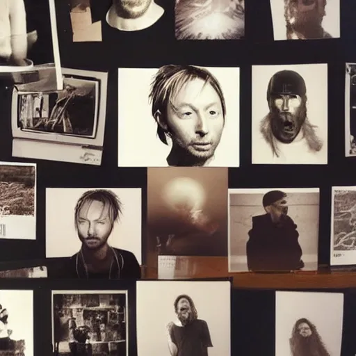 Image similar to photograph of prints of random thom yorke pictures on a table, hyper realistic, many very random variations of thom yorke, various emotions, various poses, high quality photographs, mixed styles, intricate details, diverse