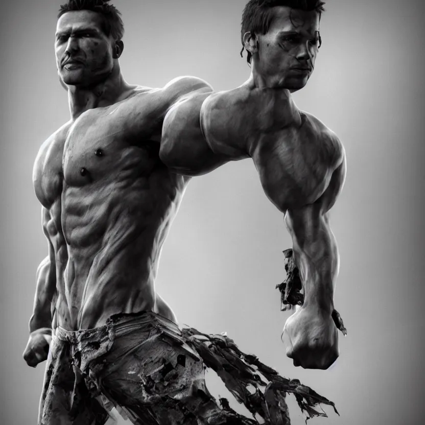 Image similar to a single muscular man wearing torn clothes, looking to the right, profile picture, hyperrealistic, concept art, octane render, unreal engine 5, trending on artstation, high quality, highly detailed, 8 k, dramatic lighting, cinematic, high coherence, anatomically correct, five fingers, digital art, seductive, black and white