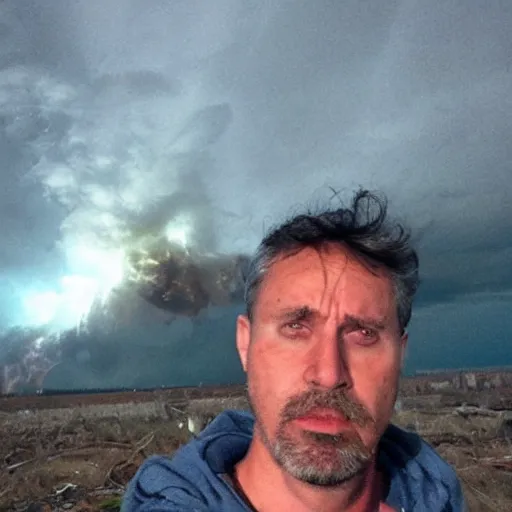 Prompt: final selfie taken by the sad exhausted last person remaining on earth in front of dramatic disasters in the style of roland emmerich during the terrifying apocalypse.