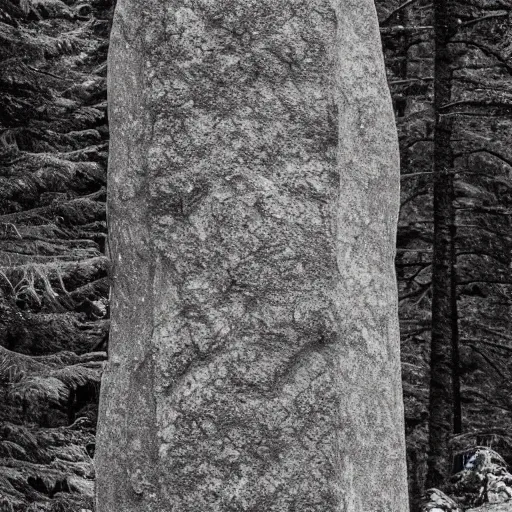 Prompt: a monolithic granite pillar in the boreal forest. overcast sky, grainy.