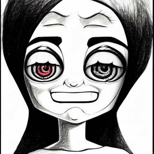 Prompt: pencil drawing of the coke logo personified as a soda themed girl in the style of the lavender towne, large creepy eyes, extremely detailed and colorful eyes, digital art, deviant art, soda themed girl, hyper detailed eyes, money sign pupils, tim burton, scratchy lines, junji ito, gorrilaz, her forehead has the coke logo carved into it