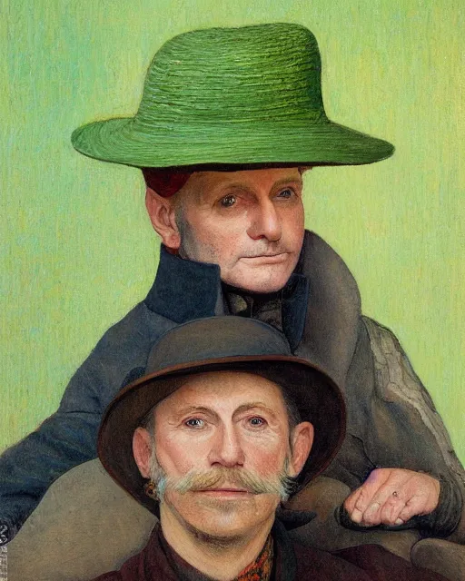 Image similar to a painting of brent spiner with a green hat by ernest bieler, shutterstock contest winner, german romanticism, wimmelbilder, detailed painting, 8 k