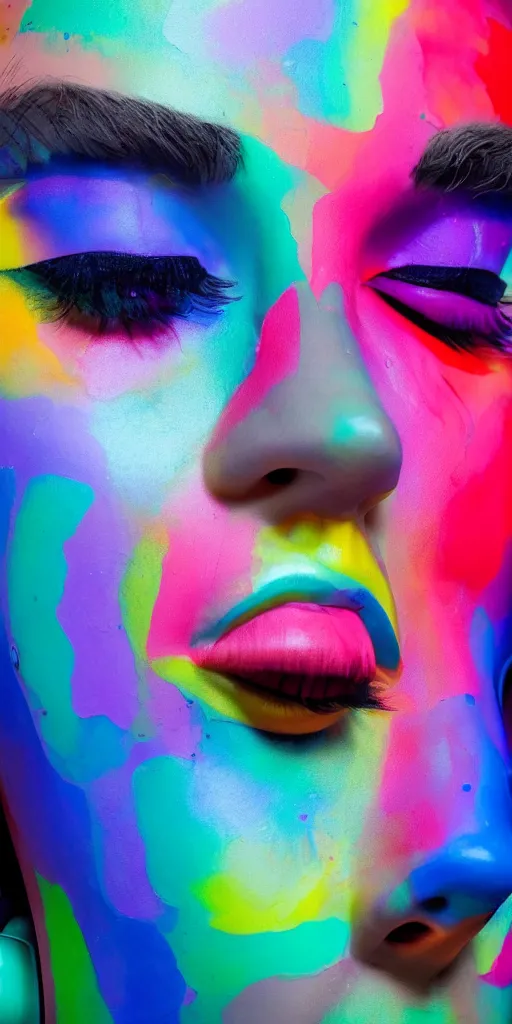 Image similar to thick technicolor paint oozes over the face of robot