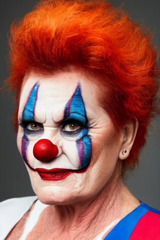 Prompt: Pauline Hanson wearing clown makeup, portrait photograph