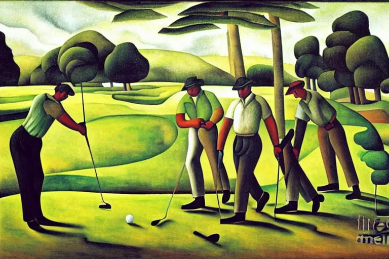 Prompt: Three golfers on a beautiful golf course, by Diego Rivera