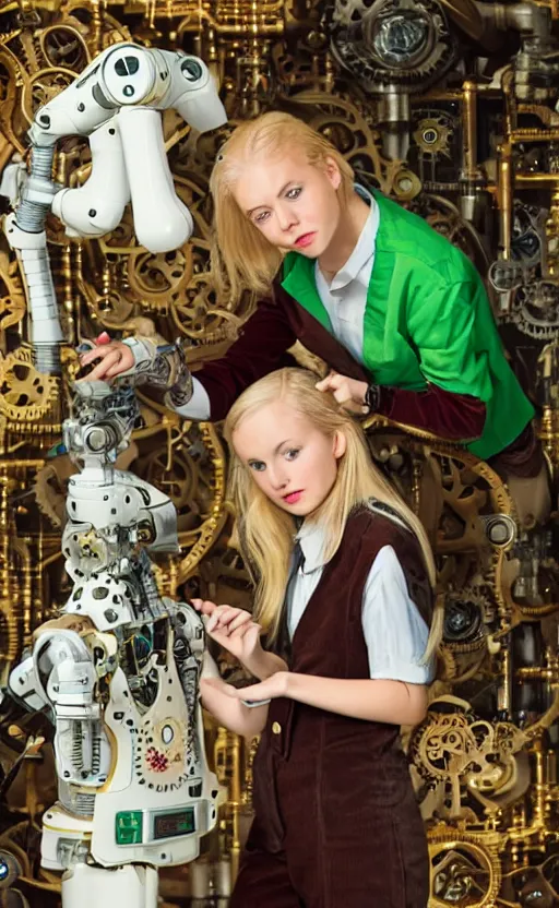 Image similar to young, blonde mad scientist woman wearing a green vest and brown corduroy pants, tinkering with a clockwork robot, steampunk