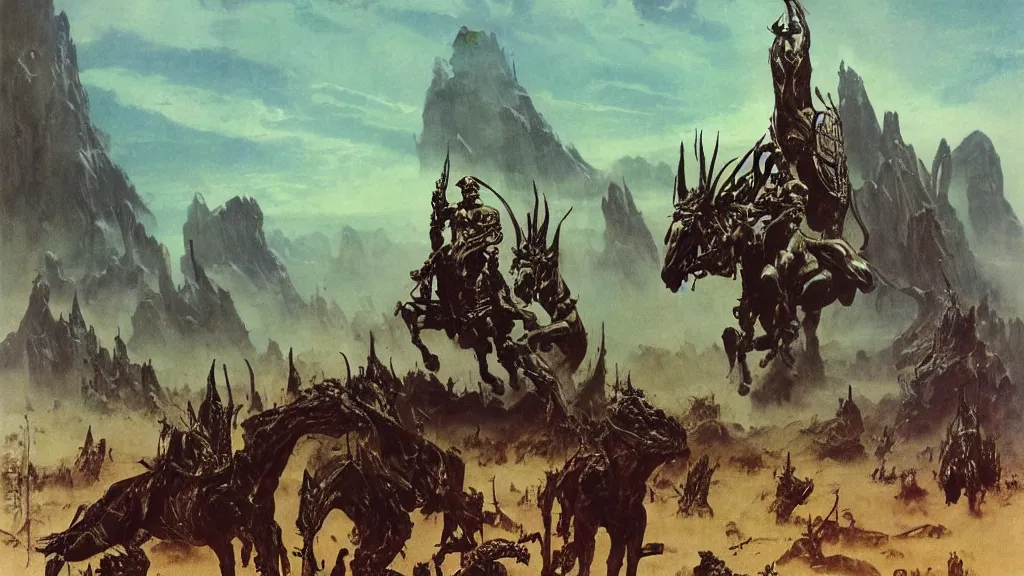 Image similar to surreal eerie alien planet empire, an alien army on a horse like creatures by frank frazetta and bruce pennington, cinematic matte painting