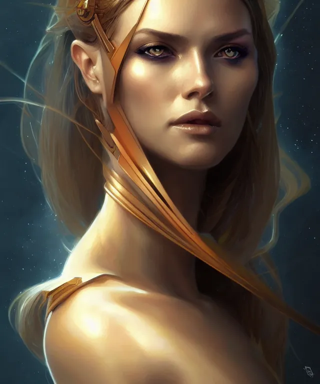 Image similar to futuristic woman portrait, sci-fi, amber eyes, face, long hair, fantasy, intricate, elegant, highly detailed, digital painting, artstation, concept art, smooth, sharp focus, illustration, art by artgerm and greg rutkowski and alphonse mucha