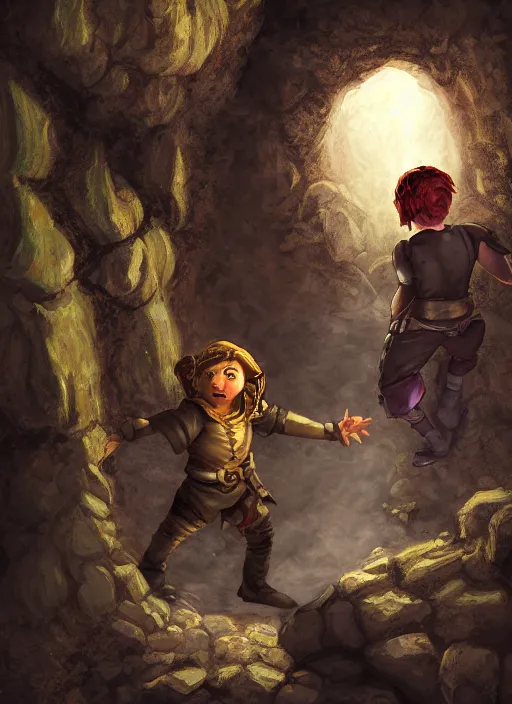 Image similar to A fantasy comic book roleplaying game style portrait painting of a halfling thief sneaking in a cavern, DAZ, hyperrealistic, ambient light, dynamic light