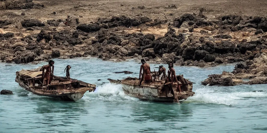Prompt: sri lankan mad max style, boat, ocean, film still, epic shot cinematography, rule of thirds