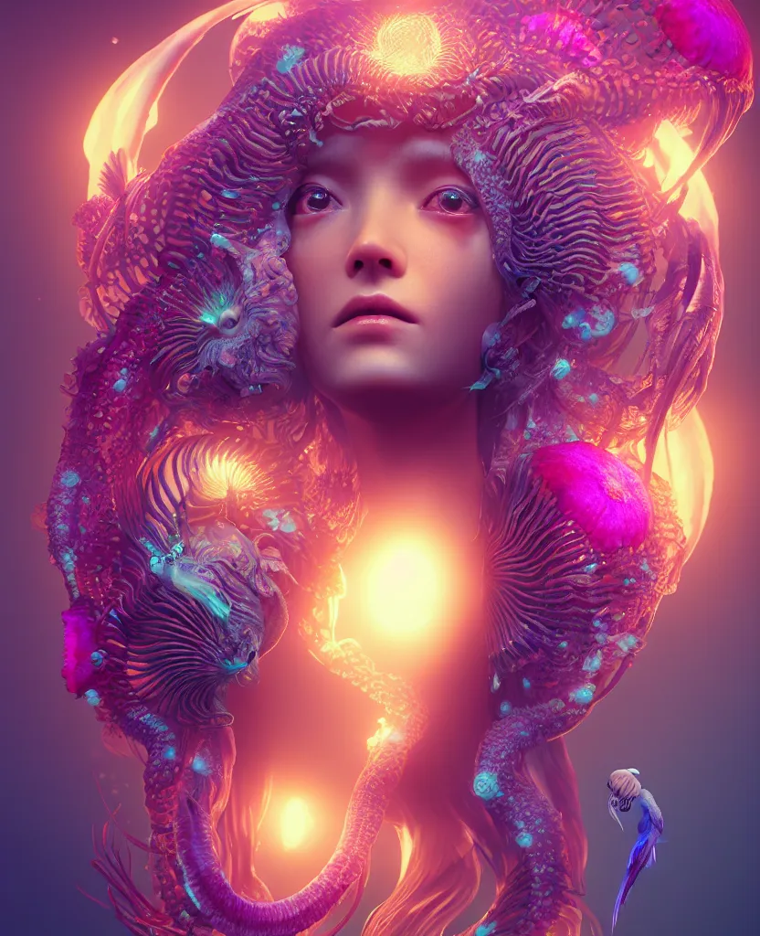 Image similar to goddess close-up portrait. jellyfish phoenix head, nautilus, orchid, skull, betta fish, bioluminiscent creatures, intricate artwork by Tooth Wu and wlop and beeple. octane render, trending on artstation, greg rutkowski very coherent symmetrical artwork. cinematic, hyper realism, high detail, octane render, 8k