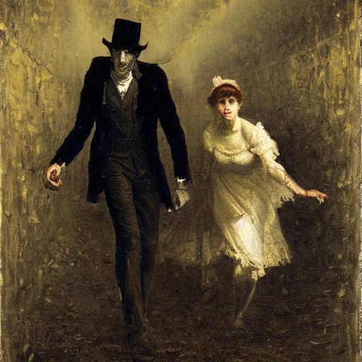 Image similar to young victorian man and woman traversing a dark maze while being followed by a horrible monster, painted by alfred stevens