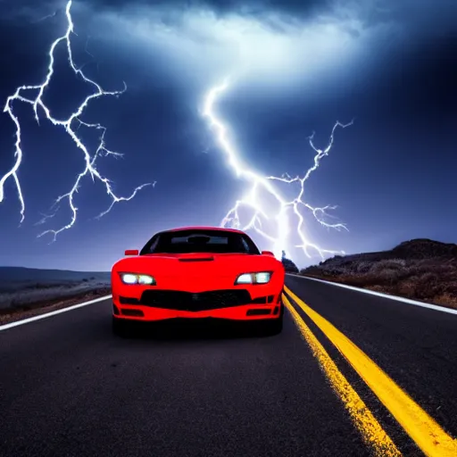 Prompt: black trans - am driving towards the camera, mountain, valley, breathtaking mountains, particles floating, dynamic, cinematic, motionblur, volumetric lighting, wide shot, low angle, red glow in sky, large lightning storm, huge dark spider creature with dark head in the middle in the back