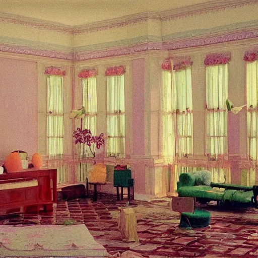 Prompt: a lot of different flowers in a liminal abandoned room, film still by wes anderson, depicted by balthus, limited color palette, very intricate, art nouveau, highly detailed, lights by hopper, soft pastel colors, minimalist