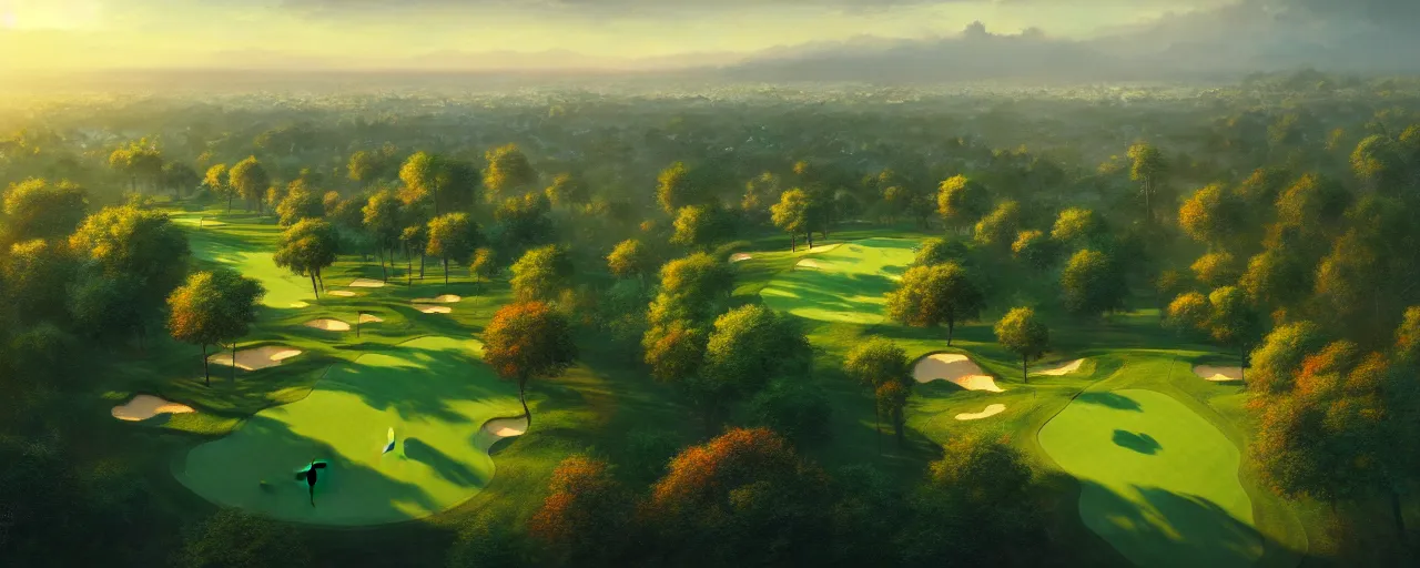 Prompt: Concept art, beautiful painting of a small golf course in the midst of huge mega city nearby the sea, 8k, Jeremy Cheung, greg rutkowski, artstation, aerial view, wide angle, 18mm, cinematic shot, golden hour, ArtStation