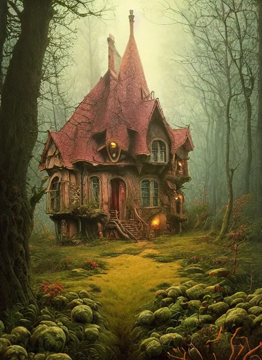 Image similar to hyper realistic witch cottage rococo in the woods gorgeous lighting, highly detailed, lush forest painting by zdzisław beksinski and norman rockwell and greg rutkowskiweta studio, and lucasfilm