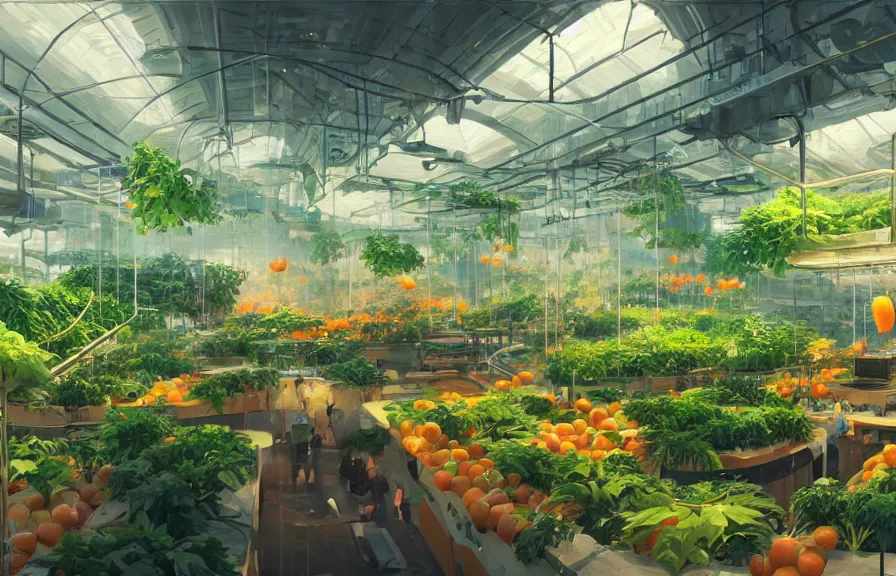 Image similar to concept art of a lush indoor hydroponics lab in a far - future utopian city, apples oranges pears fruit, key visual, ambient lighting, highly detailed, digital painting, artstation, concept art, sharp focus, by makoto shinkai and akihiko yoshida and hidari and wlop