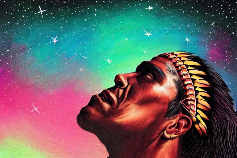 Image similar to digital art of a spiritual native american man looking up at the stars, acrylic art, universe, painting, pastel colors, synthwave, retro, cyberpunk,