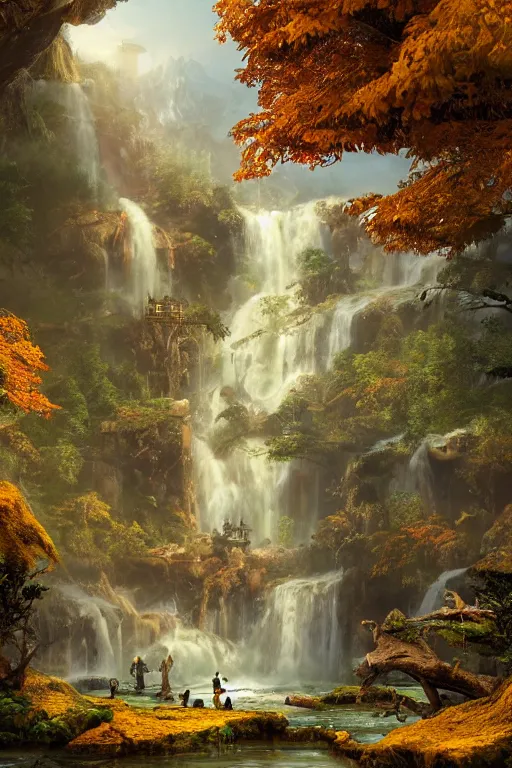 Image similar to wooden elven City with golden roofs, on top of a WATERFALL in the fall, gnarly trees, lush vegetation, forrest, a small stream runs beneath the waterfall, landscape, raphael lacoste, eddie mendoza, alex ross, john howe, concept art, matte painting, highly detailed, rule of thirds, dynamic lighting, cinematic, detailed, denoised, centerd