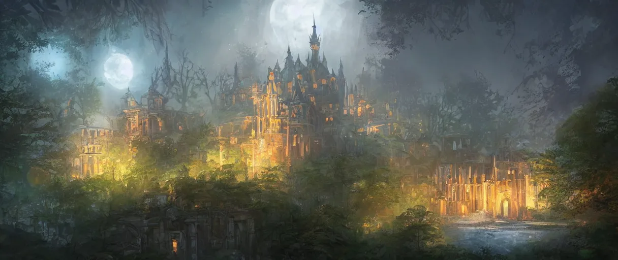 Image similar to huge academic castle city in the forest behind a garden, concept art, digital painting, style of jordan grimmer, warm lighting, futuristic, volumetric lighting, view from below, vivid colours, bright, nighttime, moon rays , high detail