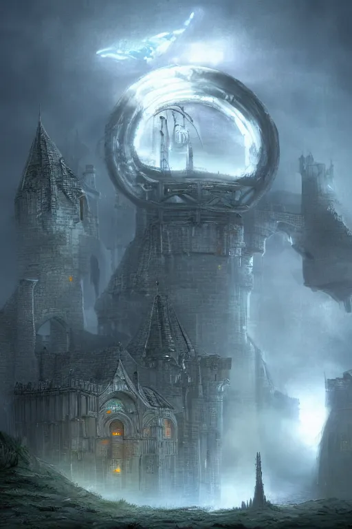 Image similar to Cybernetic Castle housing a Blackhole in a Claw-shaped Cage above the Castle, atmospheric, digital art, fantasy, magic, arcane, volumetric lighting, illustration, realistic