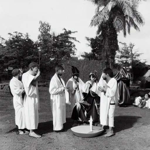 Prompt: a group of men wearing robes and pendants performing a occult ritual outside involving bananas