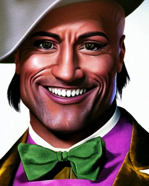 Prompt: Film still close-up shot of Dwayne Johnson as Willy Wonka from the movie Willy Wonka & The Chocolate Factory