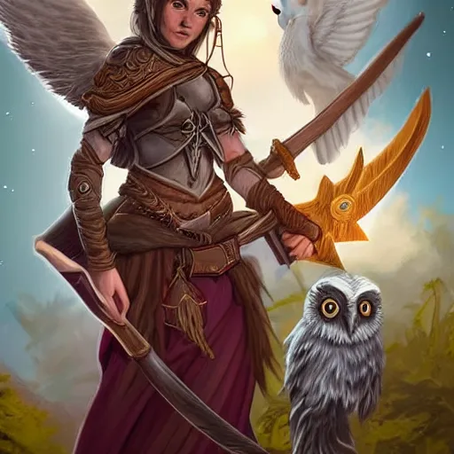 Image similar to tiefling female with angel wings stands with her spear, her young owlbear companion by her side, slight smile, D&D, HD, HDR, Highly detailed, pathfinder,