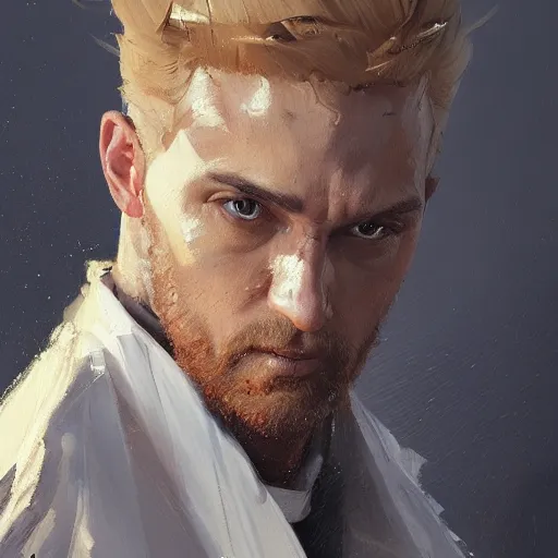 Image similar to A detailed oil painting of a priest in his thirties, sharp and angular face, dirty blonde hair reaching the shoulders, by Greg Rutkowski, trending on artstation