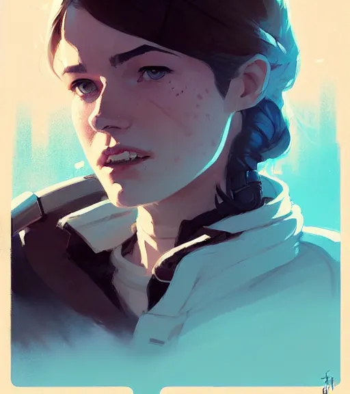 Image similar to portrait of a female han solo by atey ghailan, by greg rutkowski, by greg tocchini, by james gilleard, by joe fenton, by kaethe butcher, dynamic lighting, gradient light blue, brown, blonde cream and white color scheme, grunge aesthetic